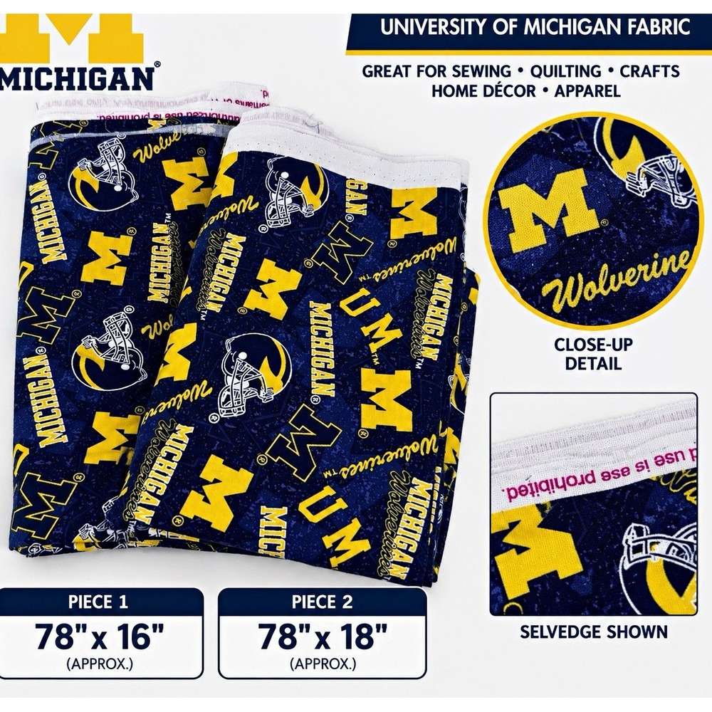 University of Michigan Wolverines Cotton Logo Fabric Lot 2 Pcs Navy Yellow